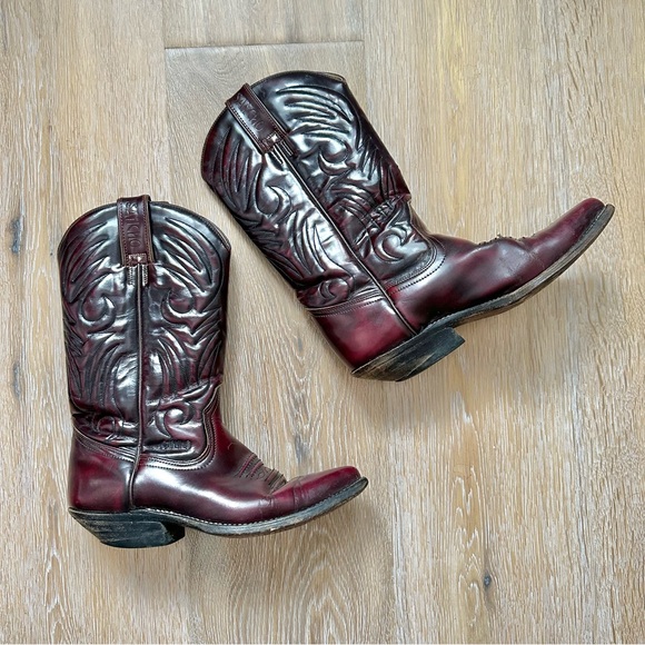 Sancho Boots Shoes - Vintage 80's Sancho Leather Cowboy Boots in Oxblood Burgundy - 37 EU (6.5 US)